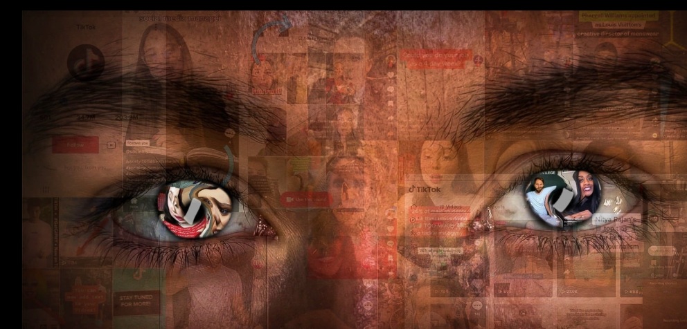 Eyes layered with social-media imagery