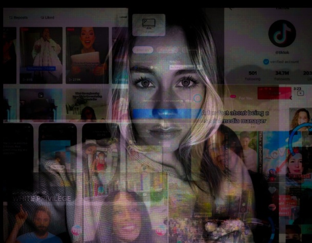 Portrait layered with social-media imagery